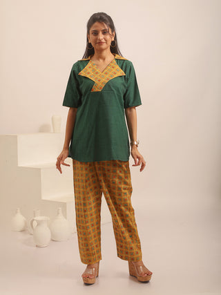 Mustard Yellow Relaxed Fit Cambric Cotton Pants With Ajrakh Print
