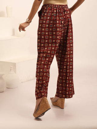 Brick-Red Relaxed Fit Cambric Cotton Pants With Ajrakh Print