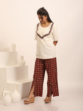 Brick-Red Relaxed Fit Cambric Cotton Pants With Ajrakh Print