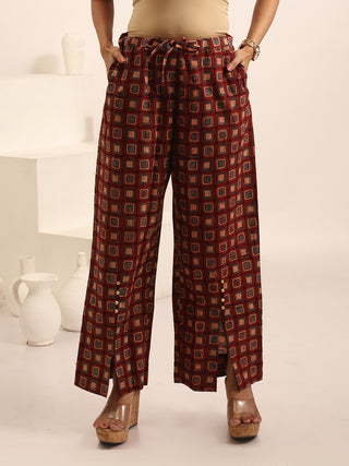 Brick-Red Relaxed Fit Cambric Cotton Pants With Ajrakh Print