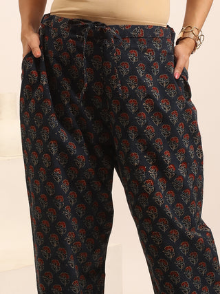 Navy Blue Relaxed Fit Cambric Cotton Pants With Ajrakh Print