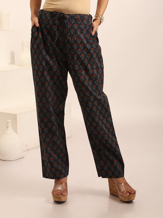 Navy Blue Relaxed Fit Cambric Cotton Pants With Ajrakh Print
