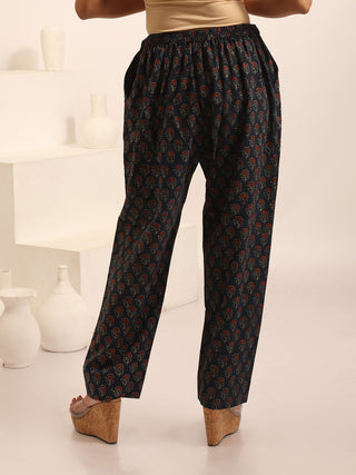 Navy Blue Relaxed Fit Cambric Cotton Pants With Ajrakh Print