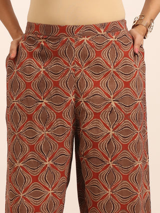 Brown and Beige Relaxed Fit Cambric Cotton Pants