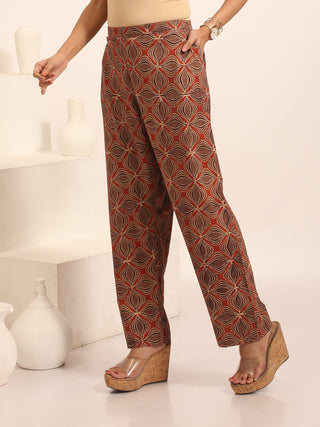 Brown and Beige Relaxed Fit Cambric Cotton Pants