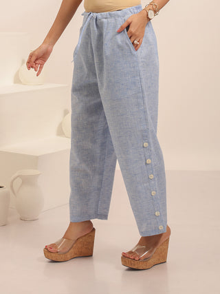 Ice-Blue Relaxed Fit Pure Cotton Button-Detail Pants