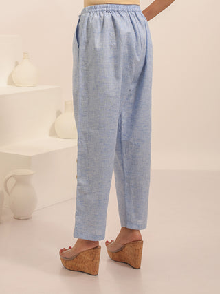 Ice-Blue Relaxed Fit Pure Cotton Button-Detail Pants