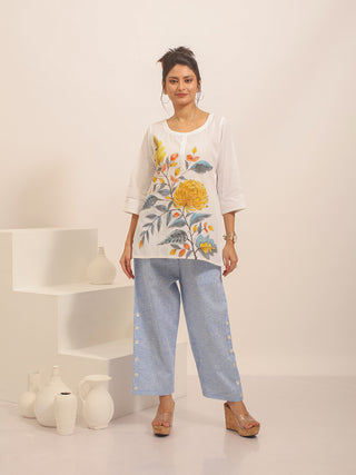 Ice-Blue Relaxed Fit Pure Cotton Button-Detail Pants