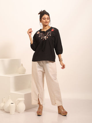 Off-White Pure Cotton Relaxed Fit Pants With Pearl Embellishments
