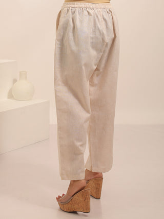 Off-White Pure Cotton Relaxed Fit Pants With Pearl Embellishments