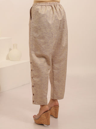 Beige Pure Cotton Relaxed Fit Pants With Wooden Buttons