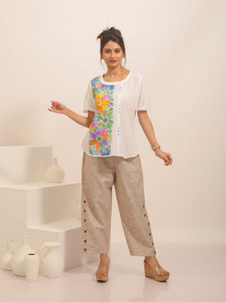 Beige Pure Cotton Relaxed Fit Pants With Wooden Buttons