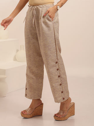 Beige Pure Cotton Relaxed Fit Pants With Wooden Buttons