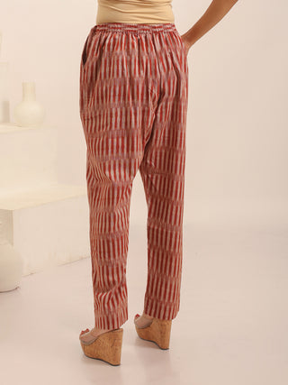 Brick-Red Relaxed Fit Pure Ikkat Cotton Pants With Geometric Pattern