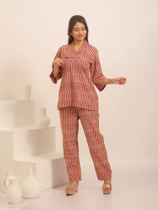 Brick-Red Relaxed Fit Pure Ikkat Cotton Pants With Geometric Pattern
