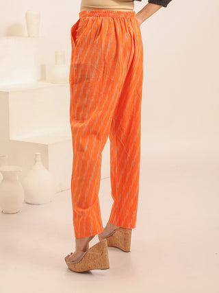 Orange Relaxed Fit Pure Ikkat Cotton Pants With Geometric Pattern