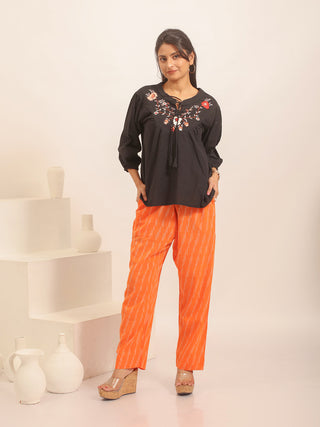 Orange Relaxed Fit Pure Ikkat Cotton Pants With Geometric Pattern