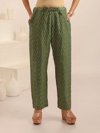 Military Green Relaxed Fit Pure Ikkat Cotton Pants With Geometric Pattern