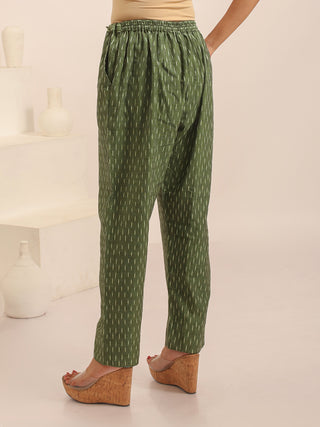 Military Green Relaxed Fit Pure Ikkat Cotton Pants With Geometric Pattern
