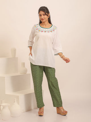 Military Green Relaxed Fit Pure Ikkat Cotton Pants With Geometric Pattern
