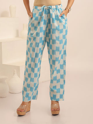 White And Sky-Blue Relaxed Fit Pure Ikkat Cotton Pants With Geometric Pattern
