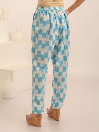White And Sky-Blue Relaxed Fit Pure Ikkat Cotton Pants With Geometric Pattern