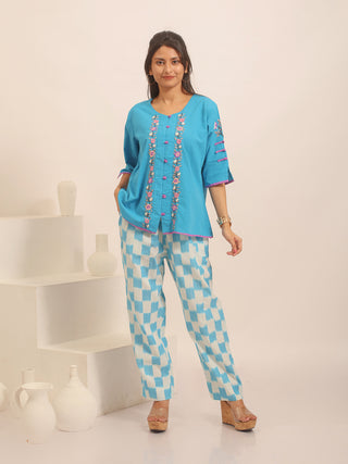 White And Sky-Blue Relaxed Fit Pure Ikkat Cotton Pants With Geometric Pattern