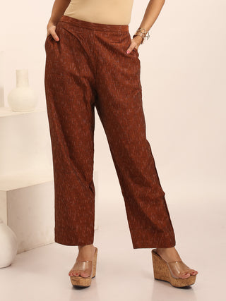 Coffee-Brown Relaxed Fit Pure Ikkat Cotton Pants With Geometric Pattern