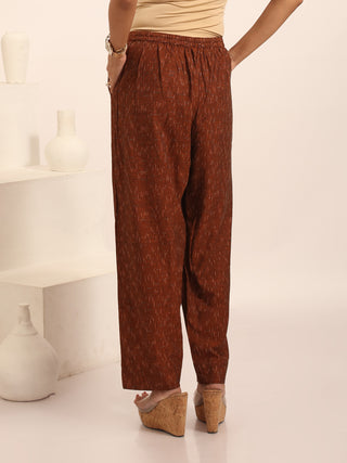 Coffee-Brown Relaxed Fit Pure Ikkat Cotton Pants With Geometric Pattern