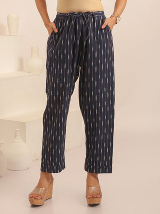 Navy Blue Relaxed Fit Pure Ikkat Cotton Pants With Geometric Pattern