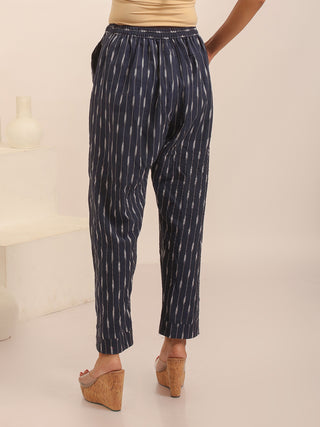 Navy Blue Relaxed Fit Pure Ikkat Cotton Pants With Geometric Pattern