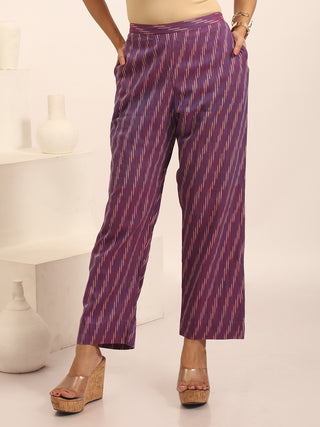 Purple Relaxed Fit Pure Ikkat Cotton Pants With Geometric Pattern