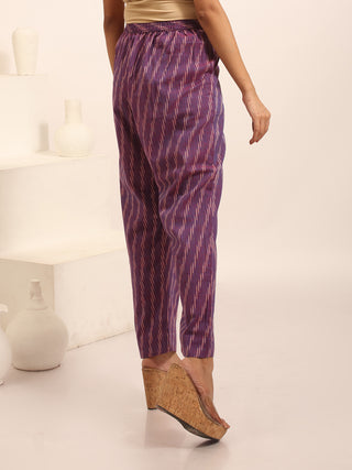 Purple Relaxed Fit Pure Ikkat Cotton Pants With Geometric Pattern