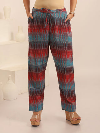 Multicolour Relaxed Fit Pure Ikkat Cotton Pants With Geometric Pattern