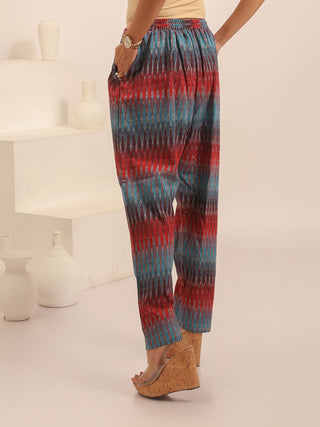 Multicolour Relaxed Fit Pure Ikkat Cotton Pants With Geometric Pattern