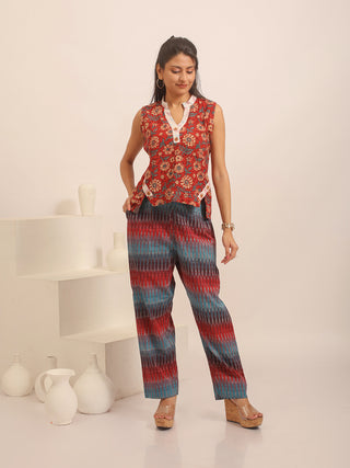 Multicolour Relaxed Fit Pure Ikkat Cotton Pants With Geometric Pattern