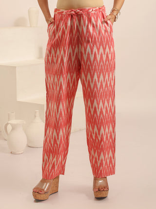 Carrot Colour Relaxed Fit Pure Ikkat Cotton Pants With Geometric Pattern
