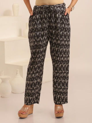 Black Relaxed Fit Pure Ikkat Cotton Pants With Geometric Pattern