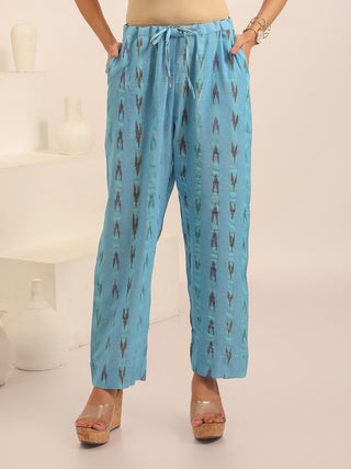 Sky Blue Relaxed Fit Pure Ikkat Cotton Pants With Geometric Pattern