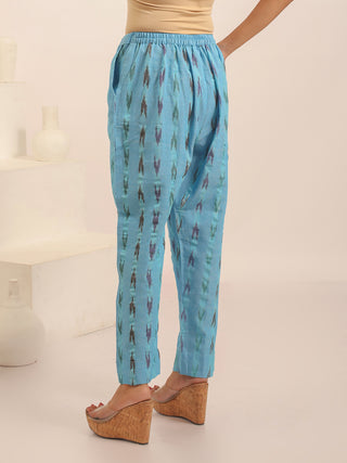 Sky Blue Relaxed Fit Pure Ikkat Cotton Pants With Geometric Pattern