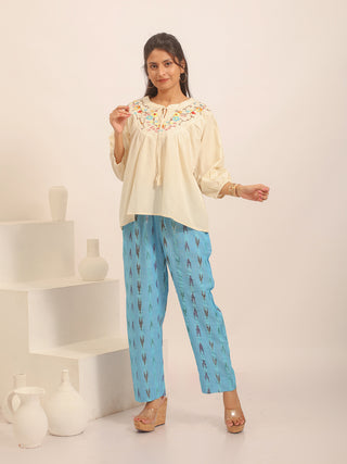 Sky Blue Relaxed Fit Pure Ikkat Cotton Pants With Geometric Pattern