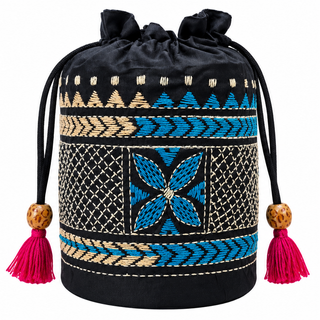 Black Pure Silk Potli with Turquoise Geometric Kantha Embroidery