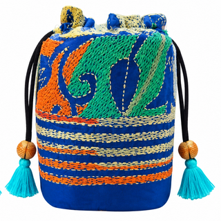 Royal Blue Pure Silk Potli with Orange Abstract Kantha Embroidery