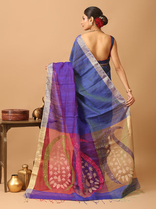 Pure Matka Silk Saree With Three-Tone Blue Body And Magenta Muslin Pallu With Paisleys