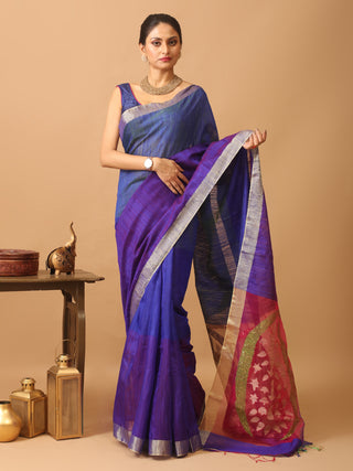 Pure Matka Silk Saree With Three-Tone Blue Body And Magenta Muslin Pallu With Paisleys