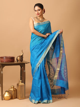 Pure Matka Silk Saree With Three-Tone Blue Body And Muslin Pallu With Paisleys
