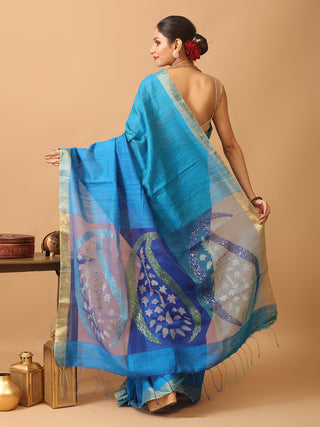 Pure Matka Silk Saree With Three-Tone Blue Body And Muslin Pallu With Paisleys