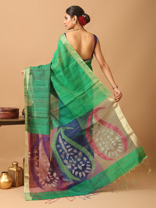 Pure Matka Silk Saree With Three-Tone Green Body And Blue Muslin Pallu With Paisleys