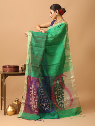 Pure Matka Silk Saree With Three-Tone Green Body And Blue Muslin Pallu With Paisleys