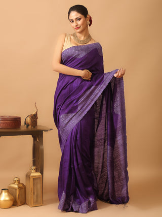 Purple Pure Washed Matka Silk Saree With Wavy Woven Pattern On Border And Pallu